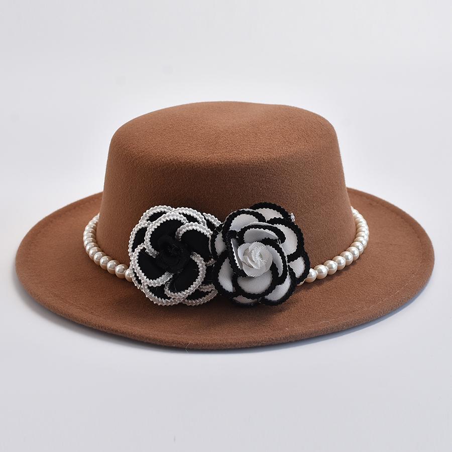 French Style Women's Pearl Chain Fedora Hat Autumen Winter Ladies Flat Top Felt Flat Top Hat