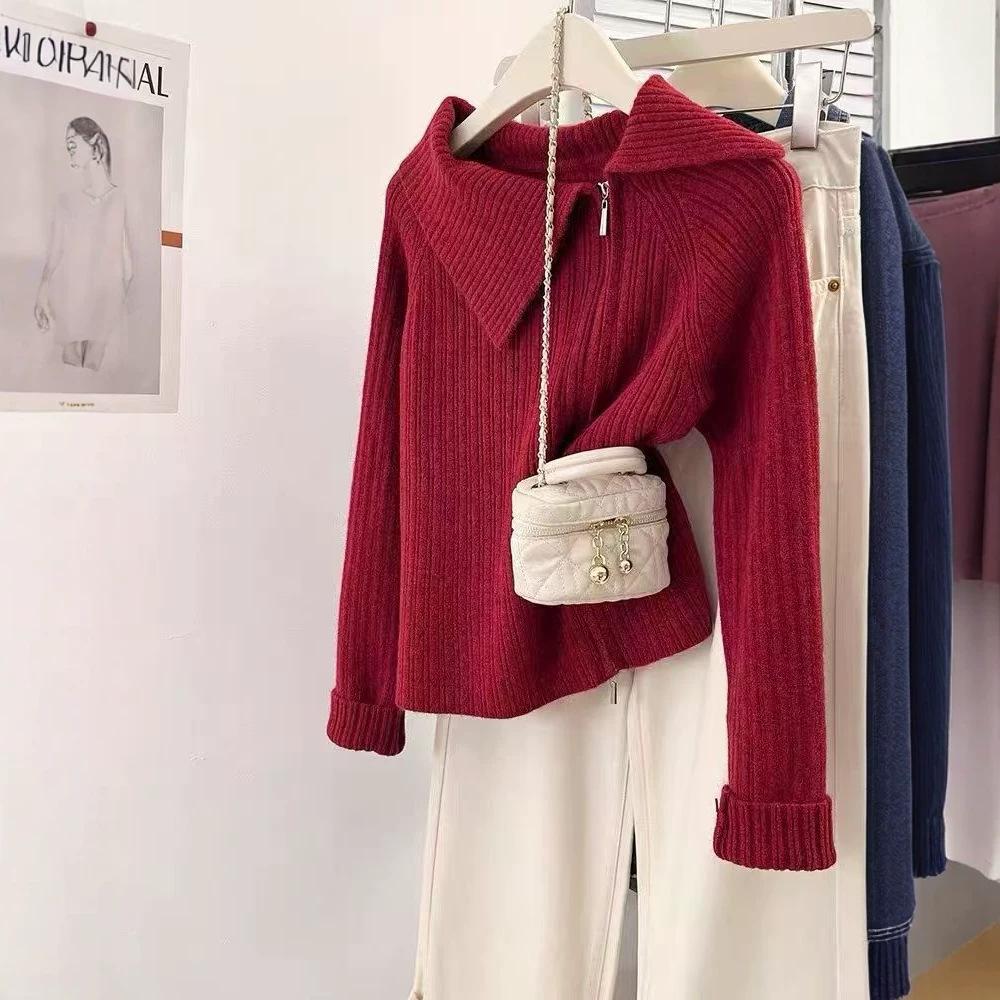 apricot lapel double zipper knitted cardigan women's spring and autumn design sense niche temperament high-end sweater jacket top