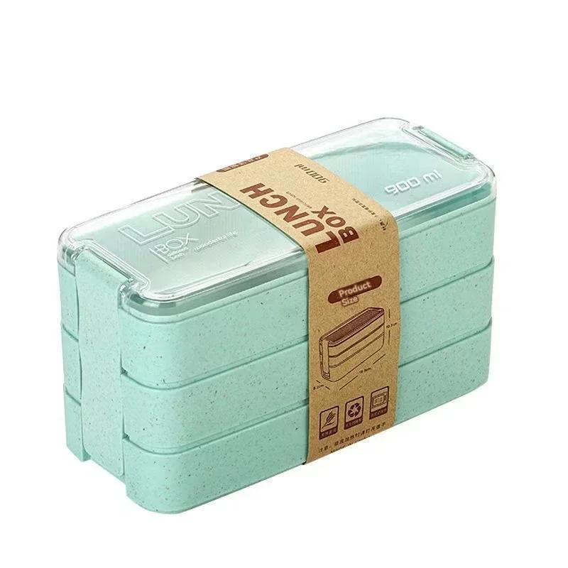Portable Plastic Bento Box Three-Layer Wheat Lunch Box 900ml Microwave Lunch Box Wheat Straw Dinnerware Students Office