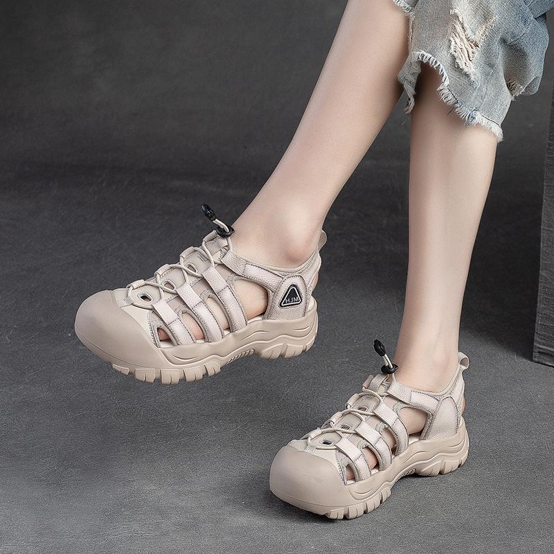 Summer Women's Genuine Leather Roman Sandals Hollow Out Woven Casual Thick Sole Comfortable Walking Shoes