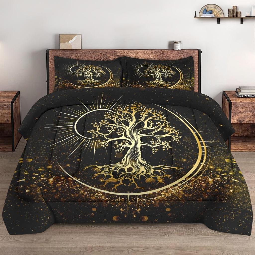 Queen Size Comforter Set with 2 Pillowcases Nature Tree of Life 3 Pcs Bedding for Kids and Adults Black Sun and Moon Soft
