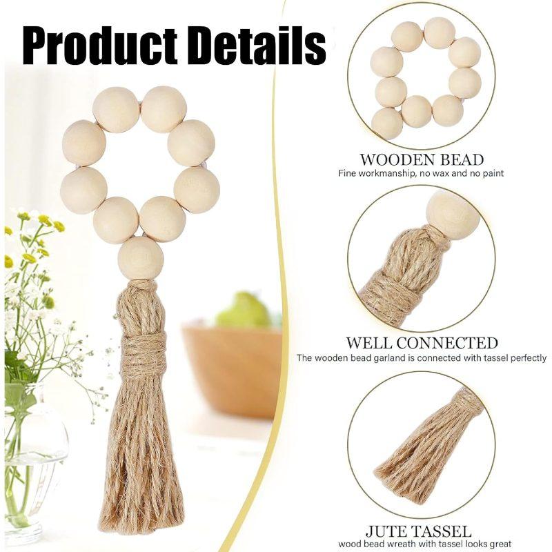 4Pcs Wood Bead Jute Tassel Napkin Ring, Natural Country Style Table Decoration Wedding, Family Farmhouse Style Napkin Clip