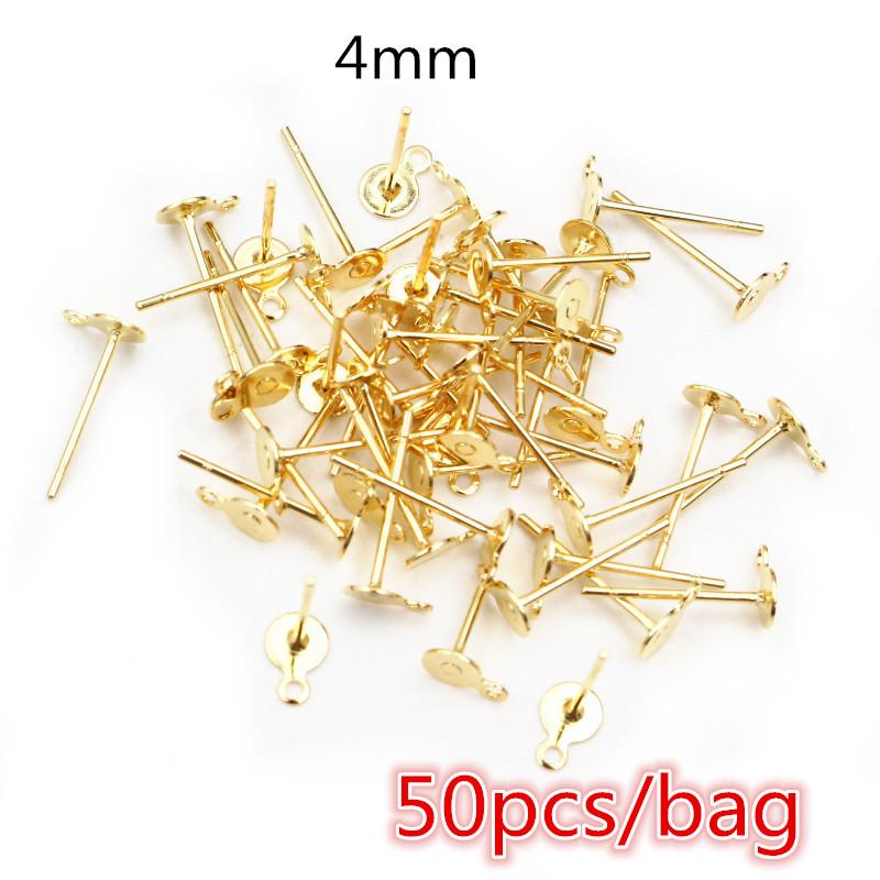 50-100pcs/lot No Fade Stainless Steel Gold Color Blank Earring Stud Fit 4 5 6 8 10 12mm Cabochon Cameo Settings Accessories DIY