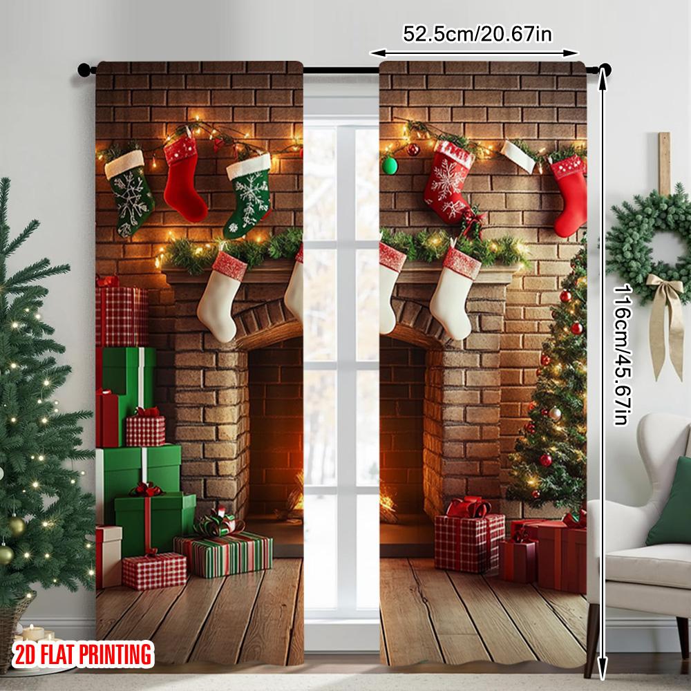 2pcs 2D Flat Printing Christmas Window Curtains Vintage Christmas Fireplace 100% Polyester Without Electricity Family Party for