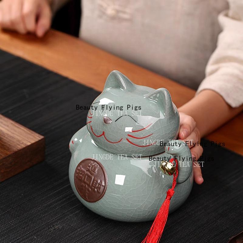 Ceramic Tea Jar Creative Home Cat Moisture-proof Sealed Jar Wealth and Wealth Promotion Ornament Coffee Bean Storage Jars