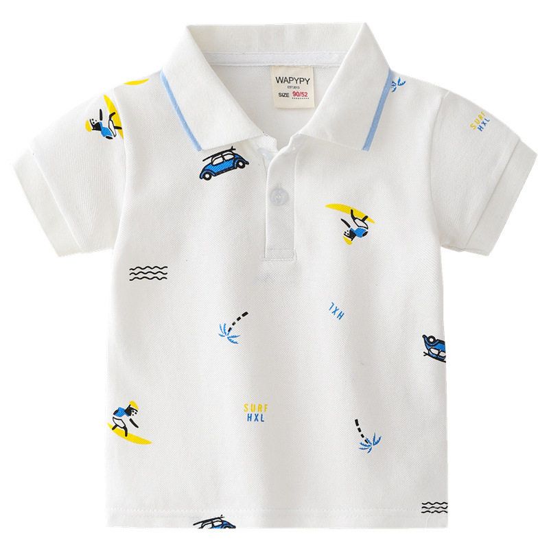 Children's Clothing Summer Boys' Polo Shirt Short-Sleeved T-shirt Baby Boys' Dinosaur Print Tops Kids Lapel Seaside Clothes