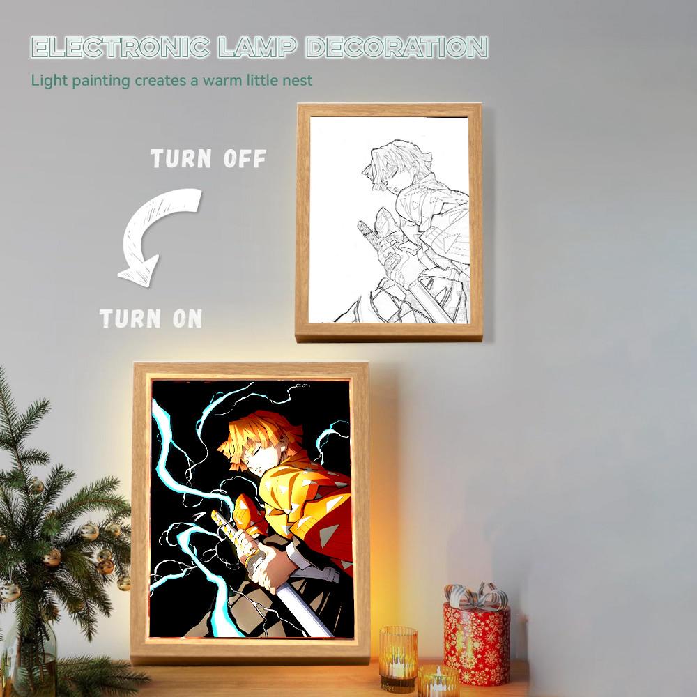 Anime Světelné Malování Měsíční Lampa Kyojuro Rengoku Kimetsu Demon Slayer LED Fotorámeček pro Pokojové Nástěnné Umění Hoom Deco No Yaiba Dárky