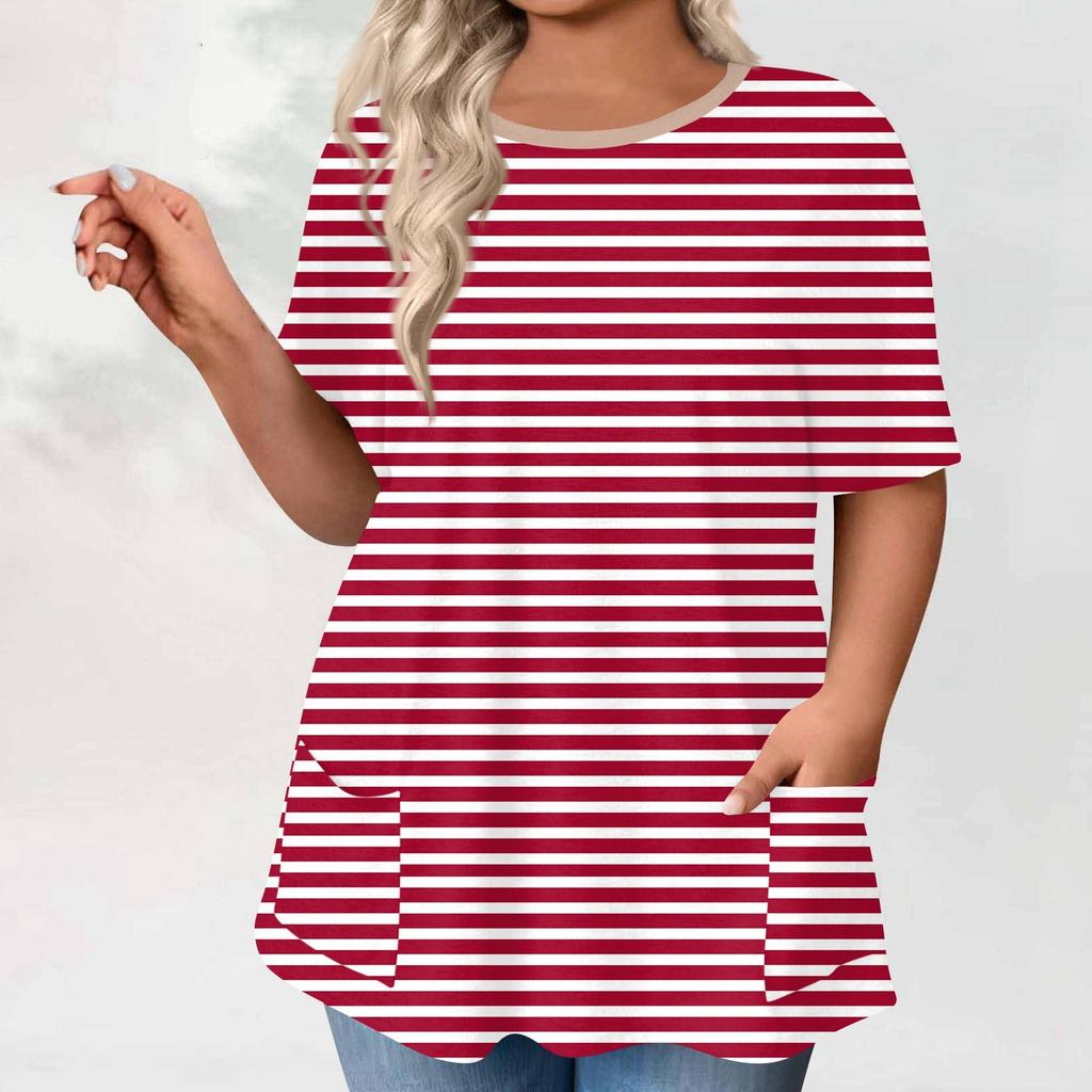 Womens Plus Size Tops Shorts Sleeve Shirts Round Neck Printed Casual Pockets Clothing Clothes Tops