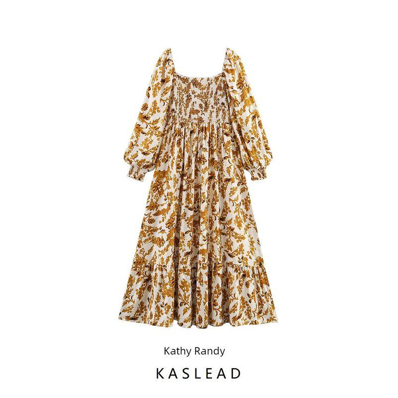 Kaslead New Women Clothes Western Style Fashion Simple Waist Hugging Temperament Long Sleeve Dress