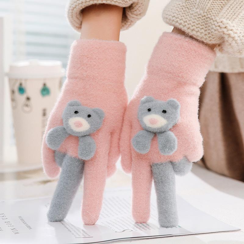 Children's gloves autumn cute cartoon five-finger girls middle-aged children kindergarten primary school students plush warm and cold