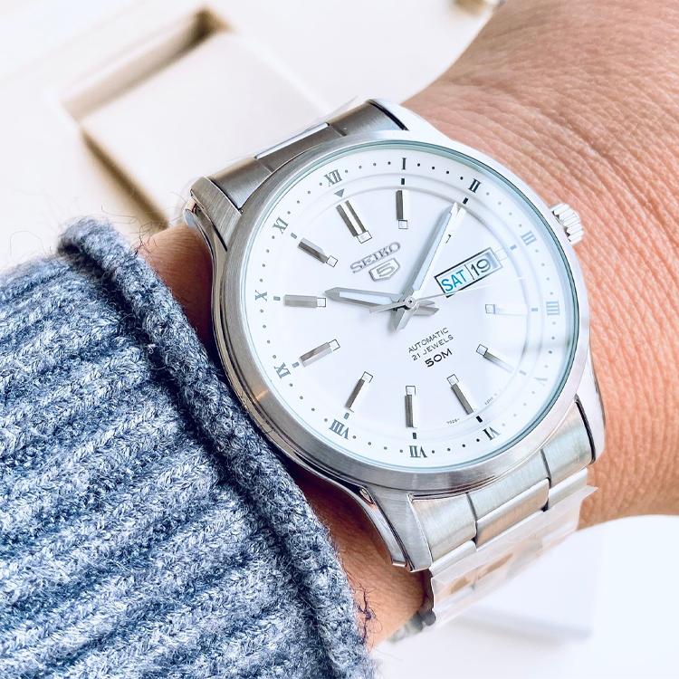 Seiko 5 Series Classic Can Automatic Mechanical Watch Men Watches White Stainless-Steel SNKP09K1