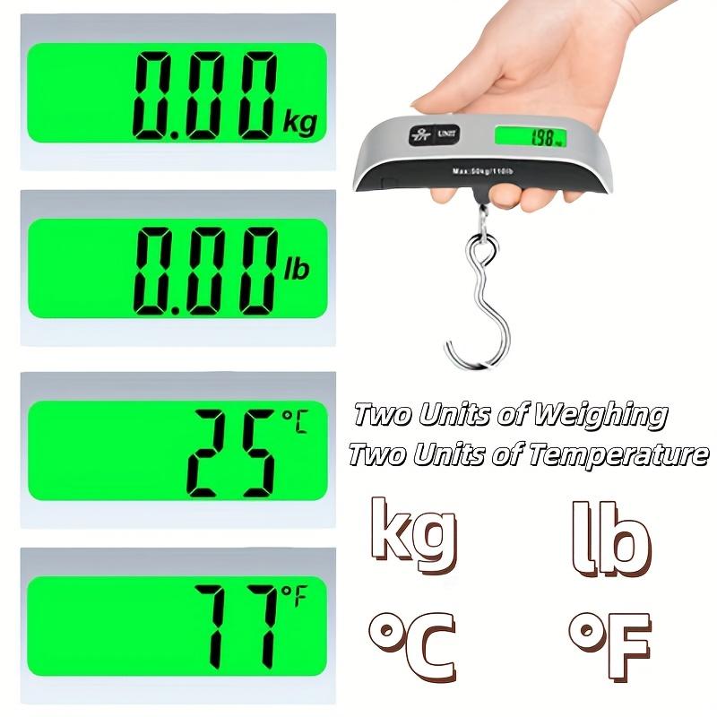 Compact 110lb/50kg Digital Luggage Scale with Backlit Display, Handheld Electronic Scale, Displays Room Temperature, Batteries Included.
