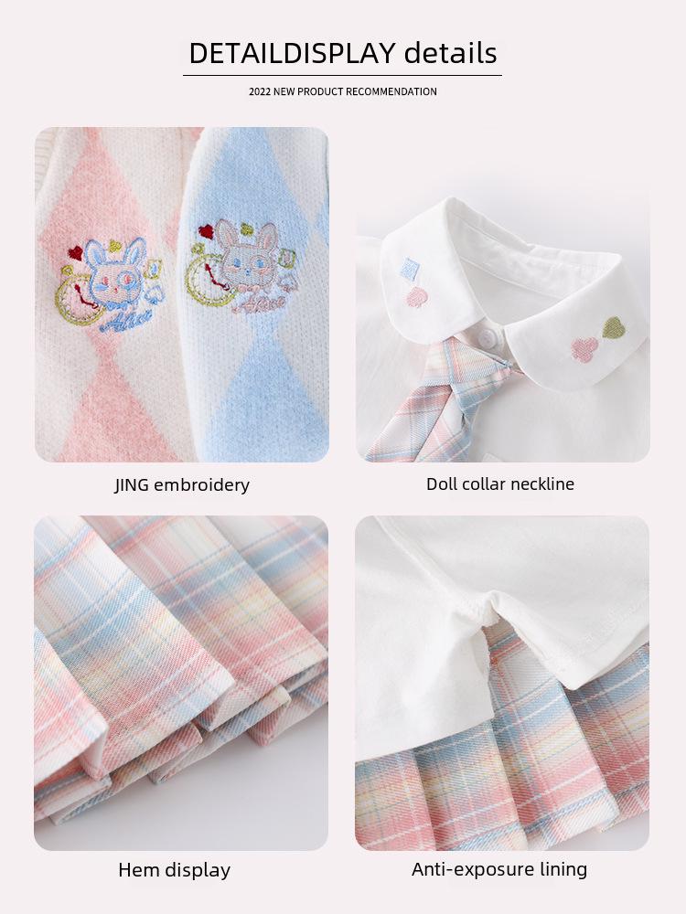 Spring 2023 Girls' JK Plaid Skirt 3-Piece Set: Sweater & College Style Suit