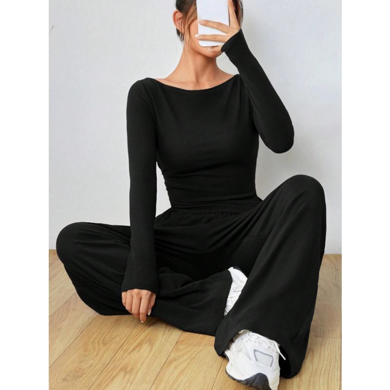 VEZFAA Women's Fashion Casual Spring Autumn Solid Color Print Long Sleeve O-Neck Trousers Pants Suits