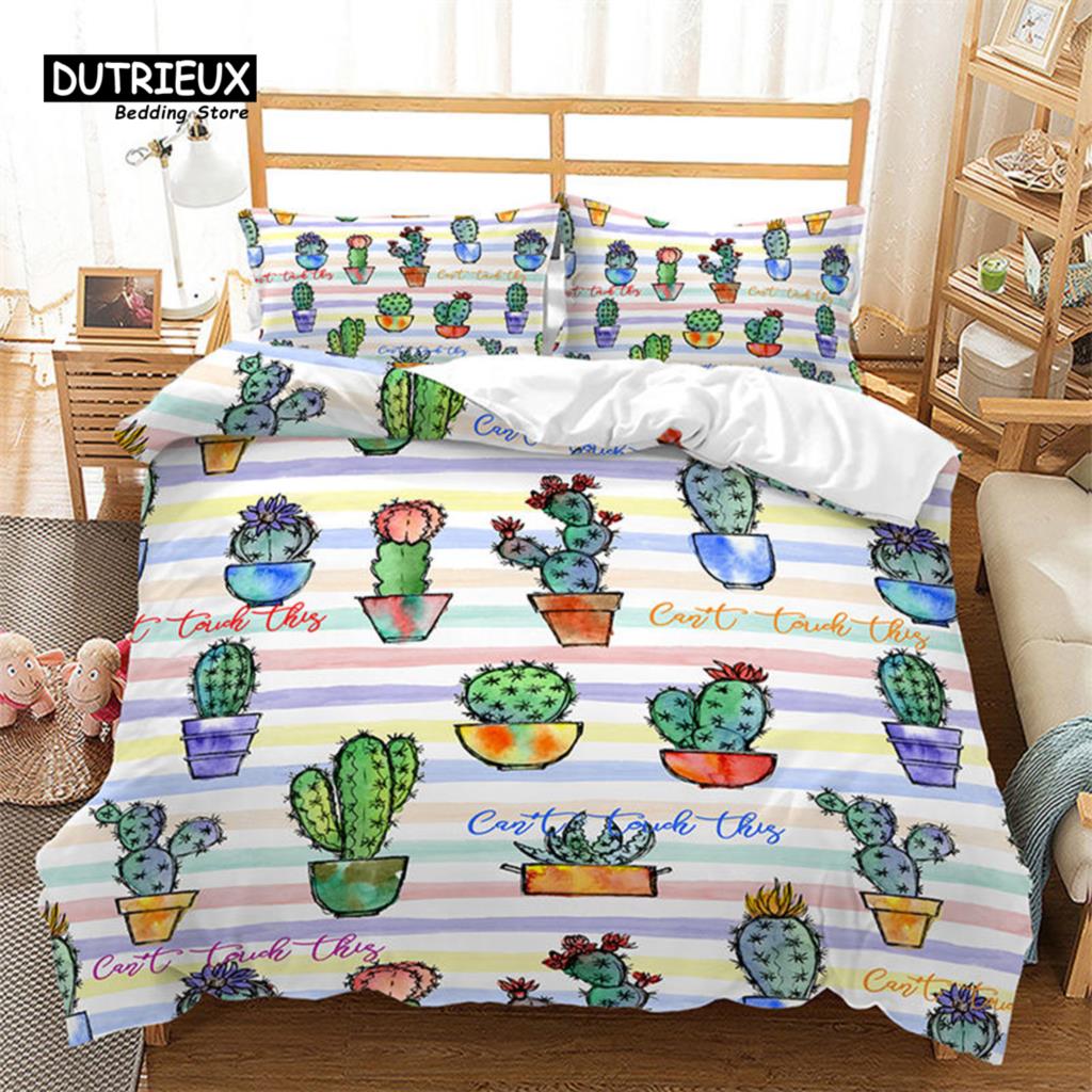 Cartoon Cactus Duvet Cover Spring Garden With Boho Style Bouquet of Thorny Plants Blossoms Decor 3 Piece Bedding Set Pillowcases