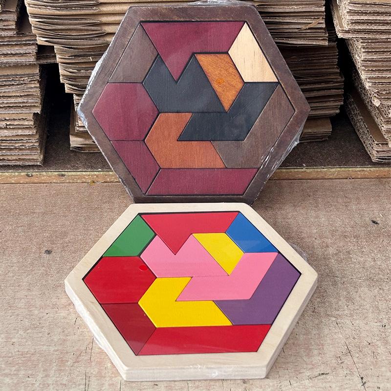Hexagonal Shape Chess Puzzle - Seven Pieces, 11 Blocks Educational Wooden Toy for Kids