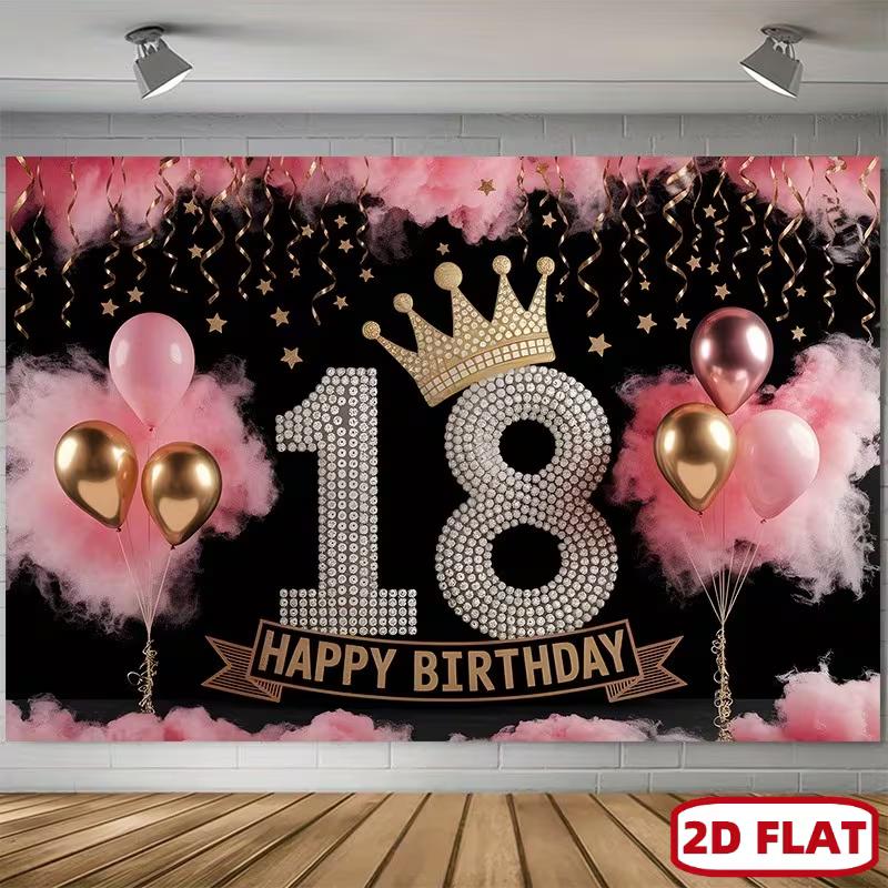 2D Outdoor 18th Birthday Backdrop with Crown & Balloons for Girls Party