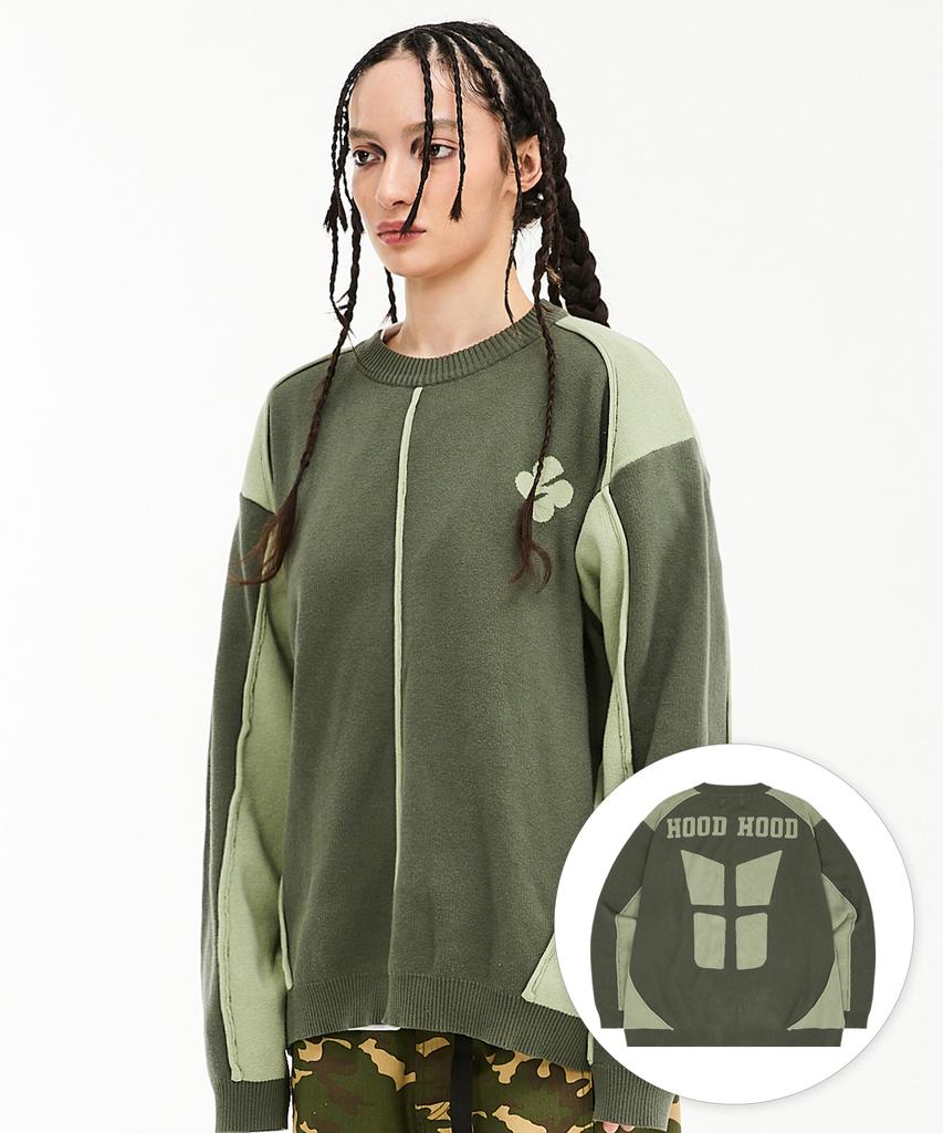 Hooded Piping Line Racing Knit Khaki