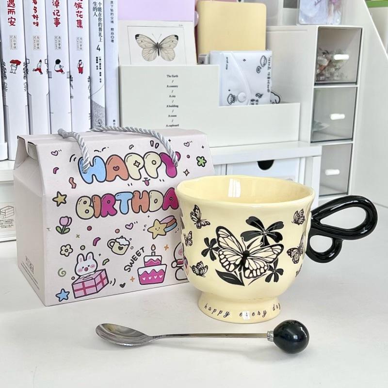 French Retro Butterfly Mug for Girls, High-end Coffee Cup, High-value Ceramic Water Cup, Birthday Gift for Girlfriends