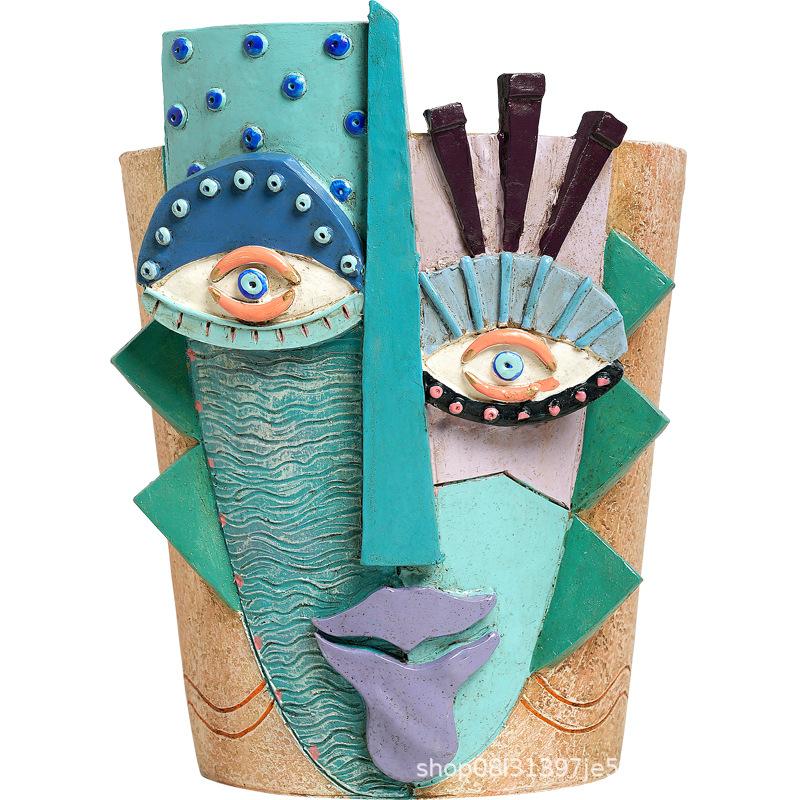 New Mayan Creative Abstract Face Colorful Flower Pot Resin Miniature Model for Garden Outdoor Plants