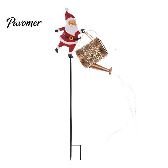 Metal Yard Ornaments for Gift Christmas Solar Santa Kettle Light, Solar-Powered Claus Watering Can Stake Lamp Decorative Stakes with LED String,