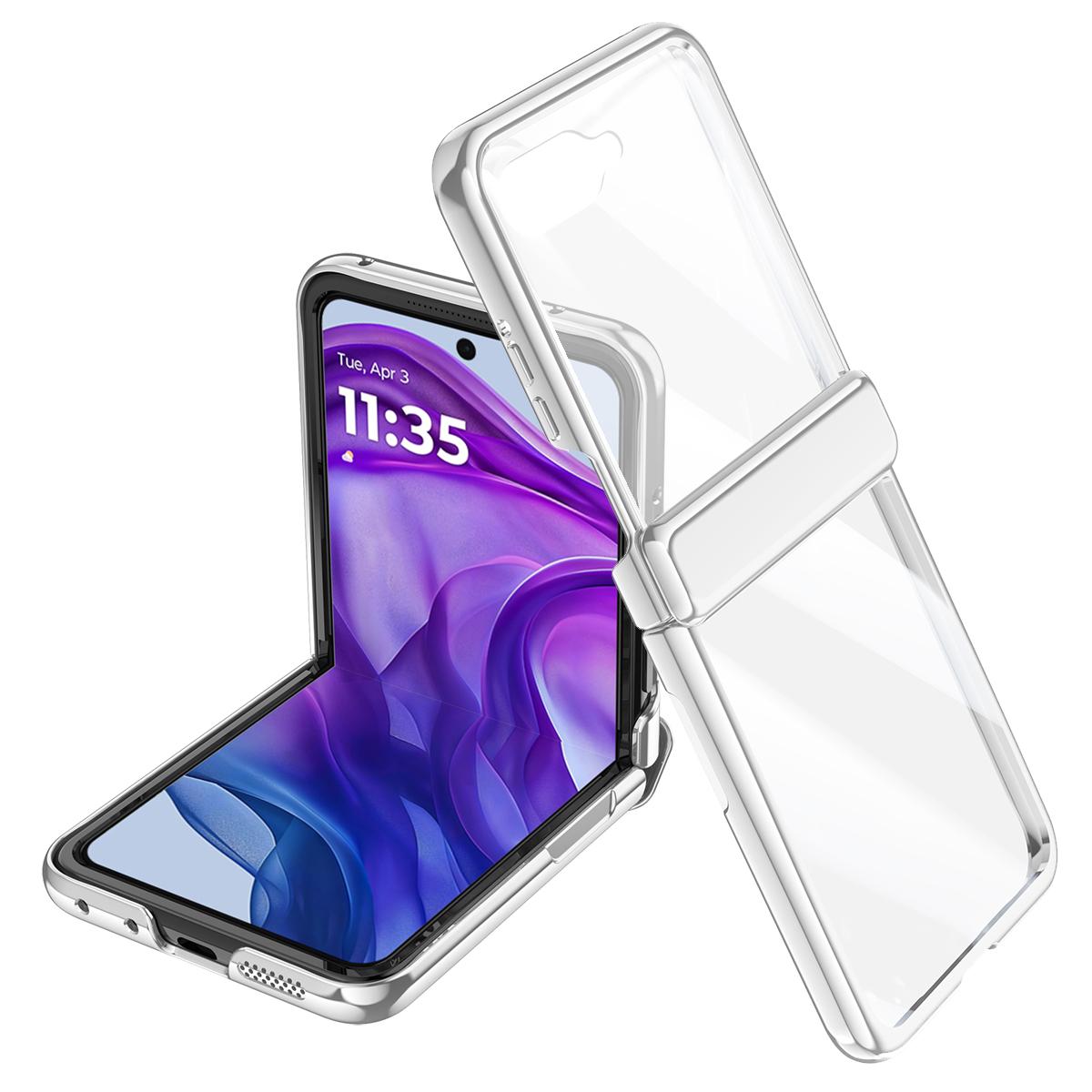 

Для Motorola Razr 50 Ultra 5G Чехол Защита шарнира ПК+Акрил Прозрачная накладка на телефон с защитной пленкой для заднего экрана Silver