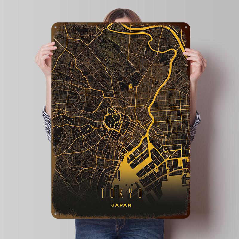 Golden Map of Tokyo - Modern Japan City Wall Art Tinplate Posters Customizable Wall Art Retro Vintage Metal Signs for Home Room