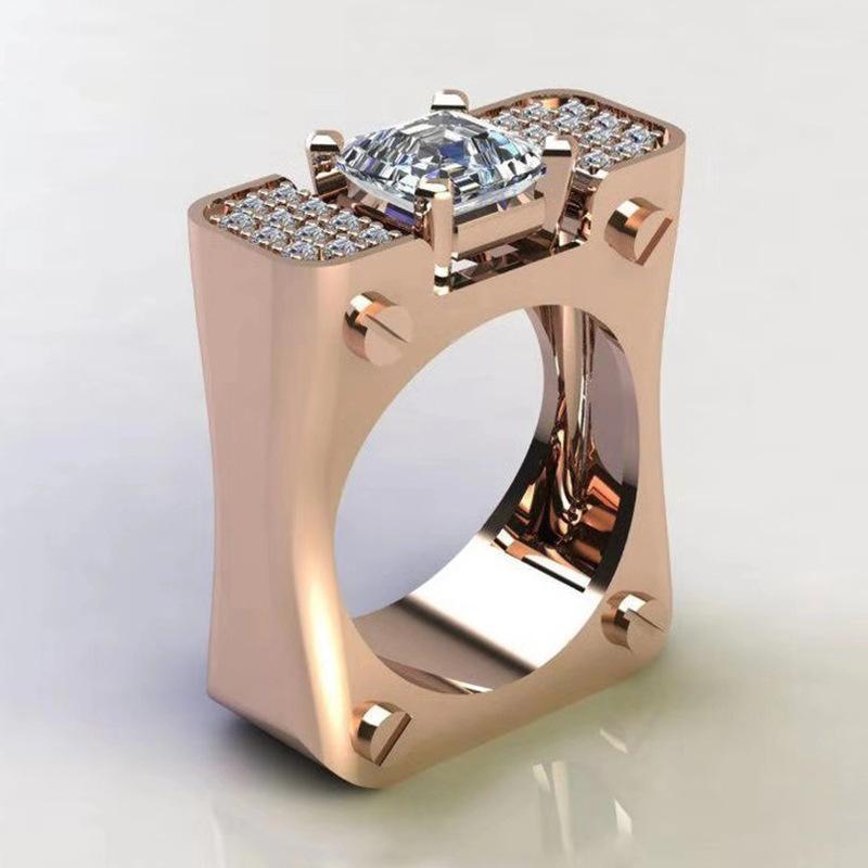 Creative Silver Color Rhinestone Finger Ring for Women Men Personality Wedding Ring Two-tone Square Zircon Hip Pop Ring Jewelry