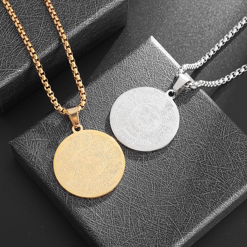 Retro aztécký mayský kalendář přívěsek božský zvířecí náhrdelník pánský nerezová ocel amulet kulatá mince šperk