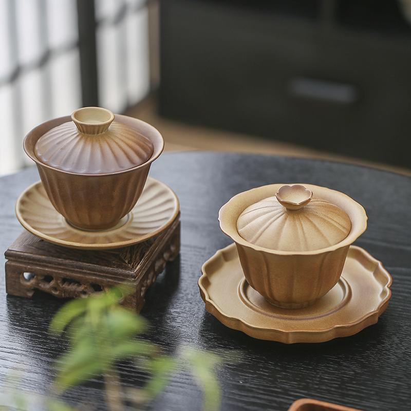 Retro Style Rough Pottery Kung Fu Tea Set, Wood Fired Tea Bowl with Lid, Household Single Sancai Large Kung Fu Tea Tureen