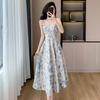 French Blue Oil Painting Floral Sundress - Women's Summer Beach Vacation Attire