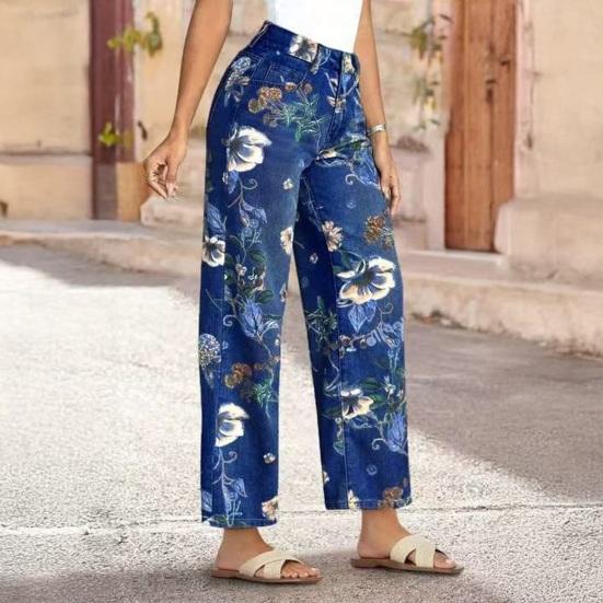 Vintage Floral Jeans for Women, Mid Rise Barrel Wide Leg Jeans, Retro Casual Stretchy Denim Pants with Pockets