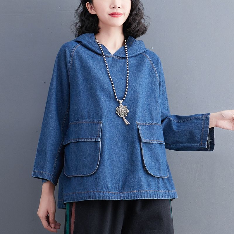 Women's Spring and Autumn Retro Denim Hooded Sweater Loose Pocket Hoodie Jacket