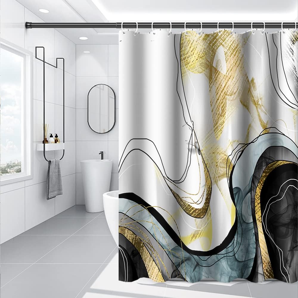 Abstract Marble Shower Curtain Gold Black Luxury Shower Curtain for Bathroom Set Modern Watercolor Texture Ink Painting Luxury