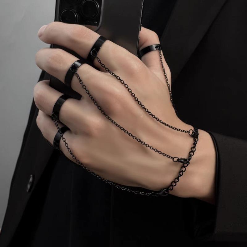 Braccialetto ad Anello Punk per Dita Anelli Retrò Donna Regolabile Nero Catene Ins Anelli Ragazze Lega Parti di Decorazione Mani Accessori Gioielli
