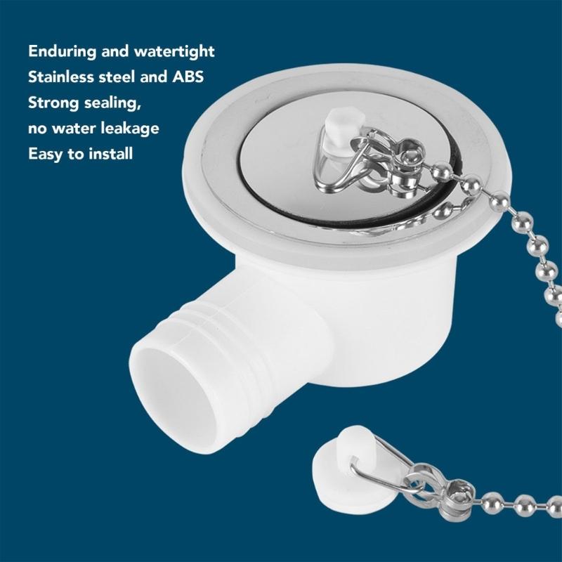 Sink Drain Assembly for Trailer and Boat Use, Angled Side Outlet Drain Fitting with Cap Chain, Plastic Body and Stainless Trim for Sink Repair