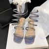 Fashion Snake Print Med Heels Sandals Women 2024 Summer Silver Crystal Ankle Strap Gladiator Shoes Woman Square Toe Clear Heel Sandalias