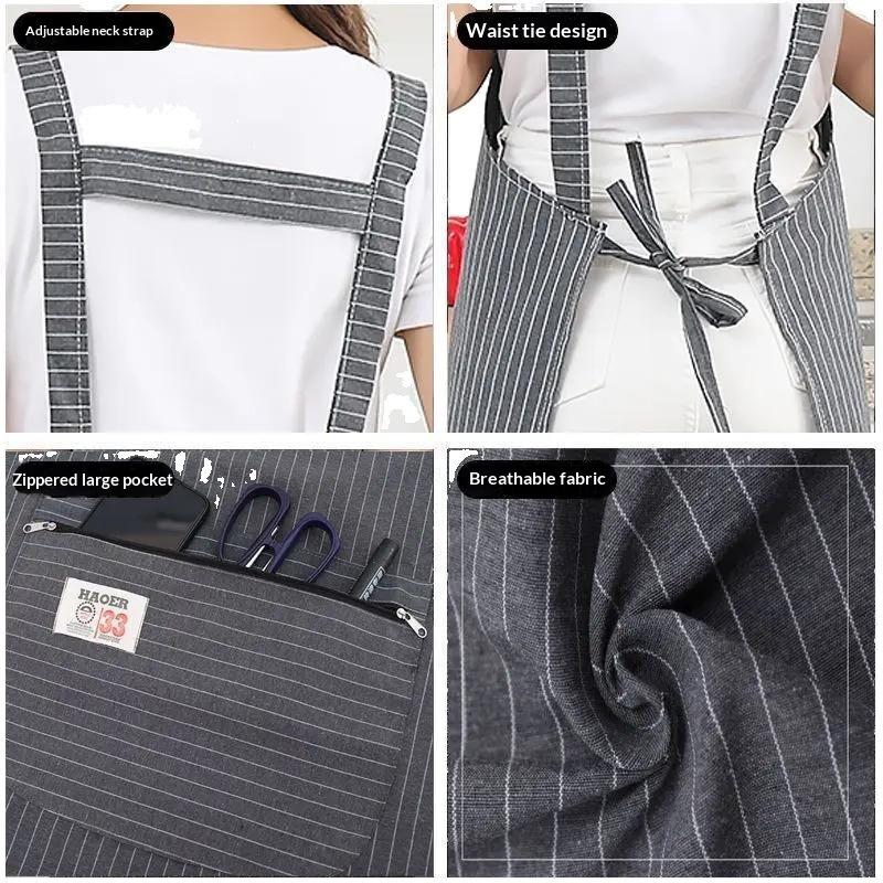 Kitchen Oil Resistant Apron Striped Zippered Linen-Cotton Apron With Straps Breathable Apron Women'S Dirt Resistant Work Clothes