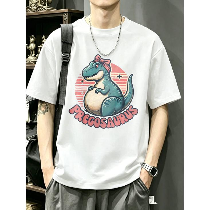 Crewneck T Shirt White Dinosaur with Bow And Pregosaurus Text Graphic Print Casual Wear for Men And Women S белый