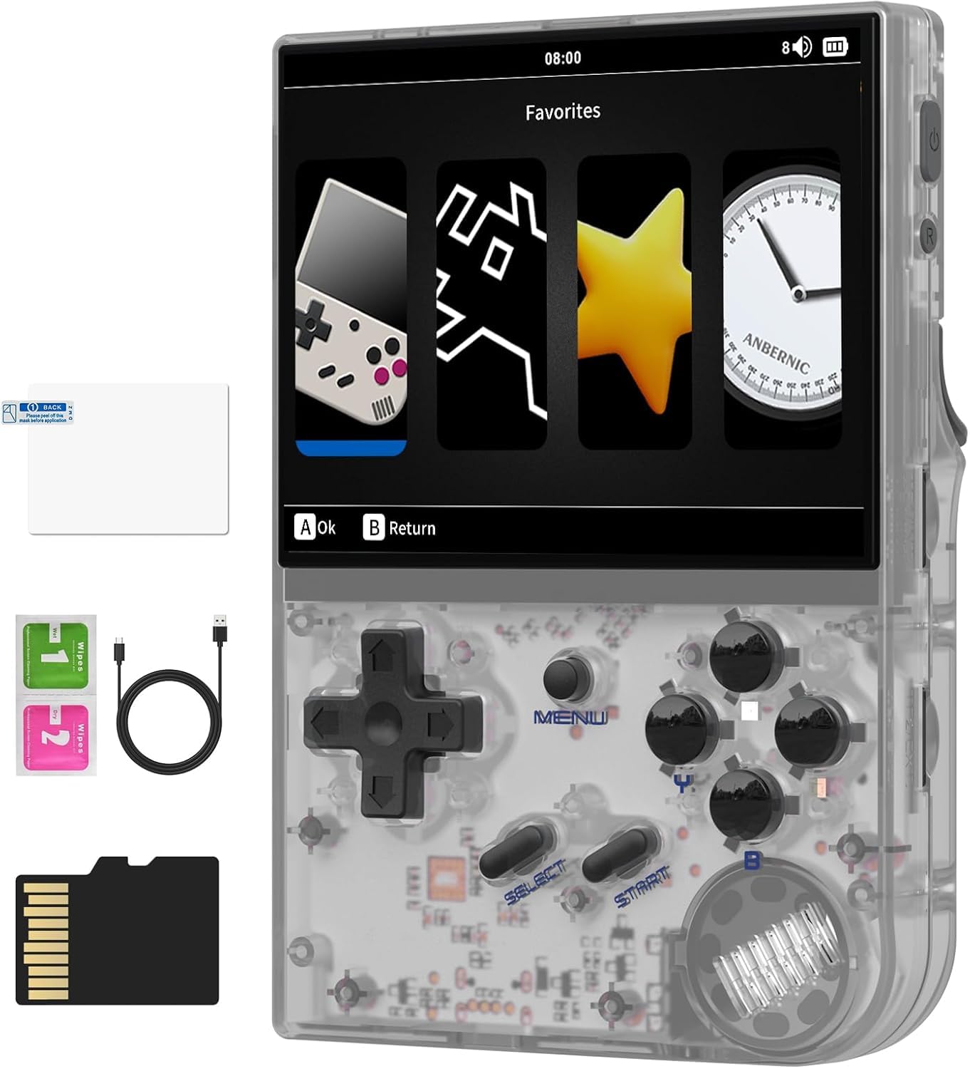 

Anbernic RG35XX Whatsko Handheld Game Console with Garlic Linux Dual IPS OCA Full Vibration Japanese Language Transparent White & System, 3.5-inch