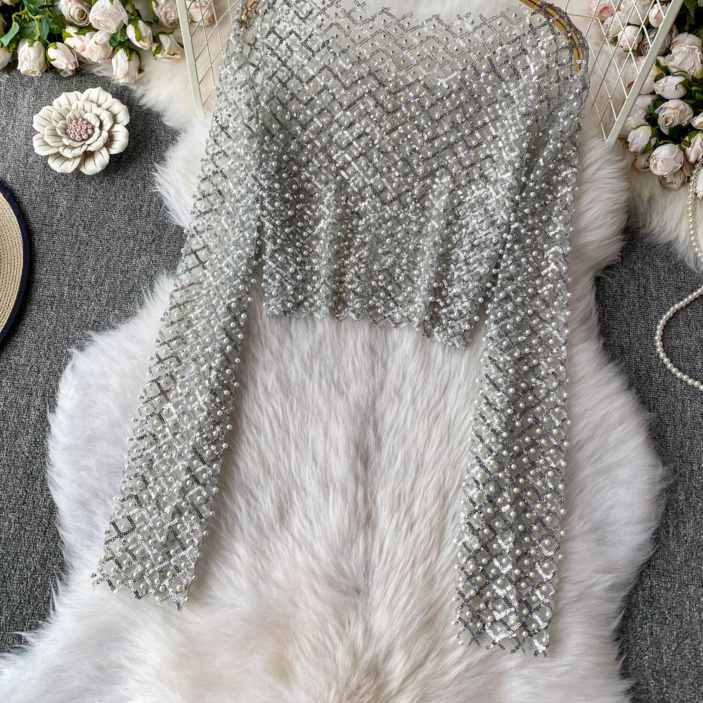 Iny Sequin Long Sve Round Ne Ort T-irt Women's Slim Fit Sli Korean Sle Commute Pure Color Summer Top