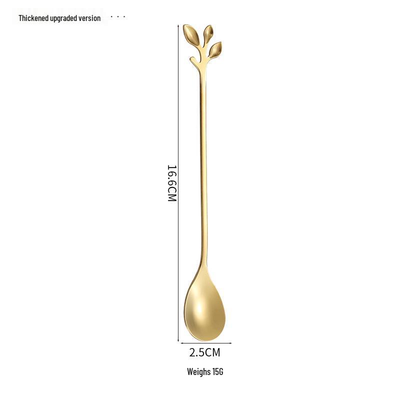 Gold Stainless Steel Leaf Spoon and Fork Set - Long Handle for Stirring, Desserts, and Coffee