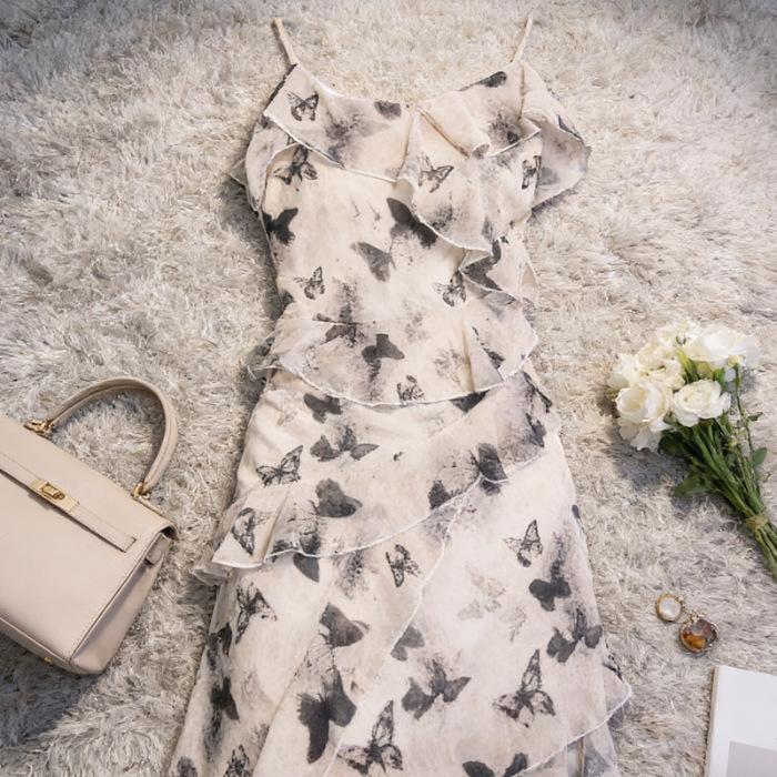 Dress new summer split design butterfly skirt floral irregular ruffle edge slim suspender skirt S
