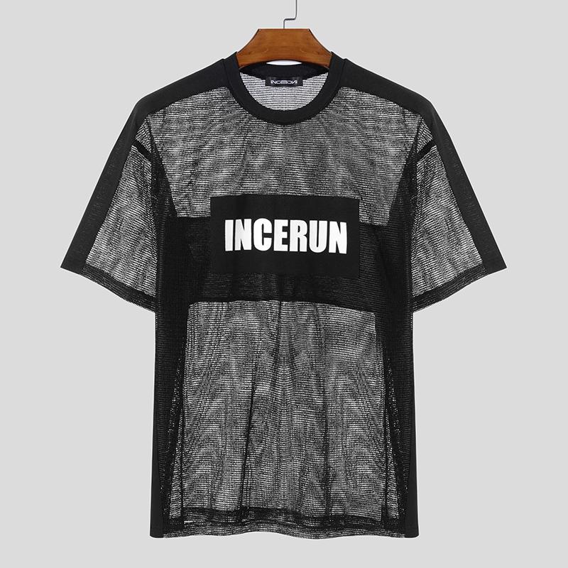 

INCERUN Men O Neck Short Sleeve Letter Print Fishnet Mesh Sheer T-Shirts Tops M