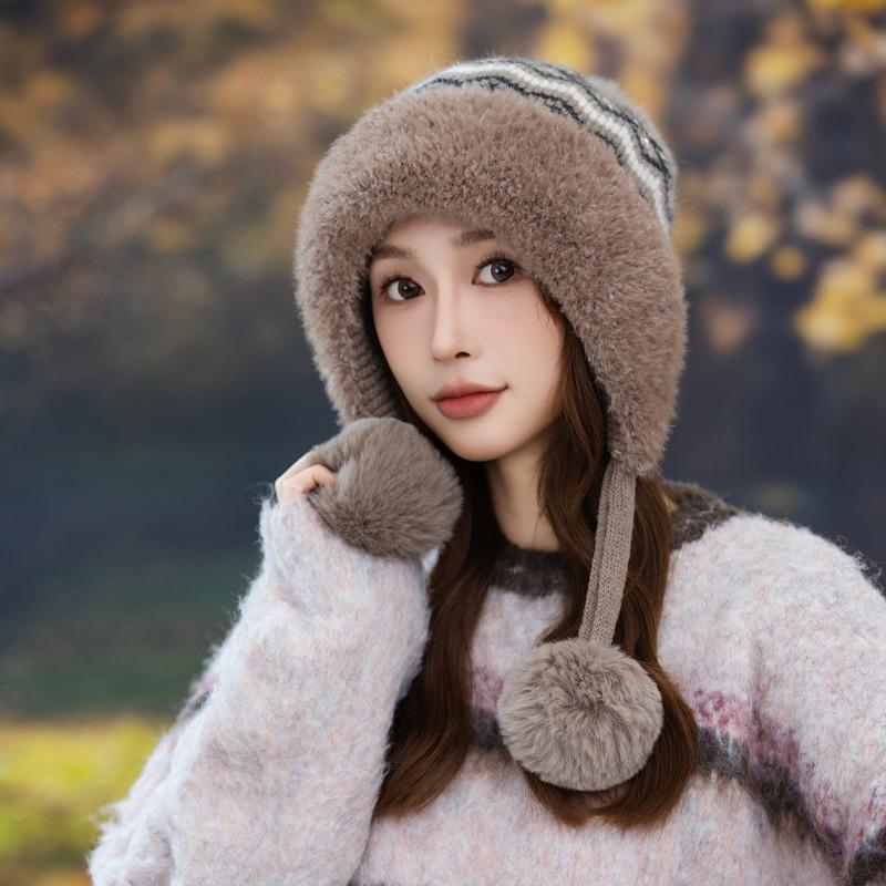 Fair Island Style Winter Plaid Bright Silk Plus Velvet Hat Versatile Sweet Ball Hat Outdoor Travel Cold Warm Hat Korean