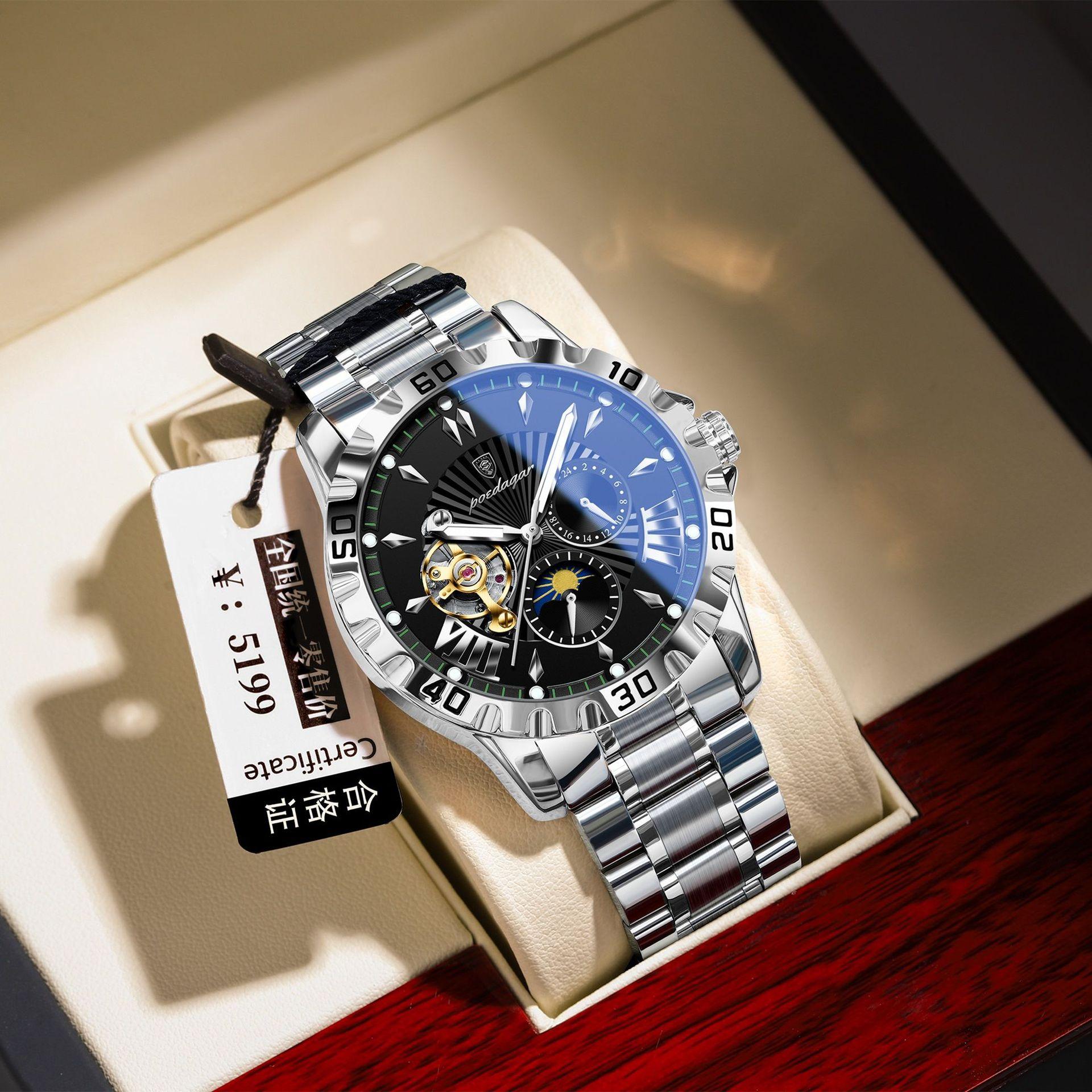 

POEDAGAR National Top Swiss Brand Automatic Mechanical Watch for Men Multi Function Luminous Water Resistant P1415Silver shell with bl