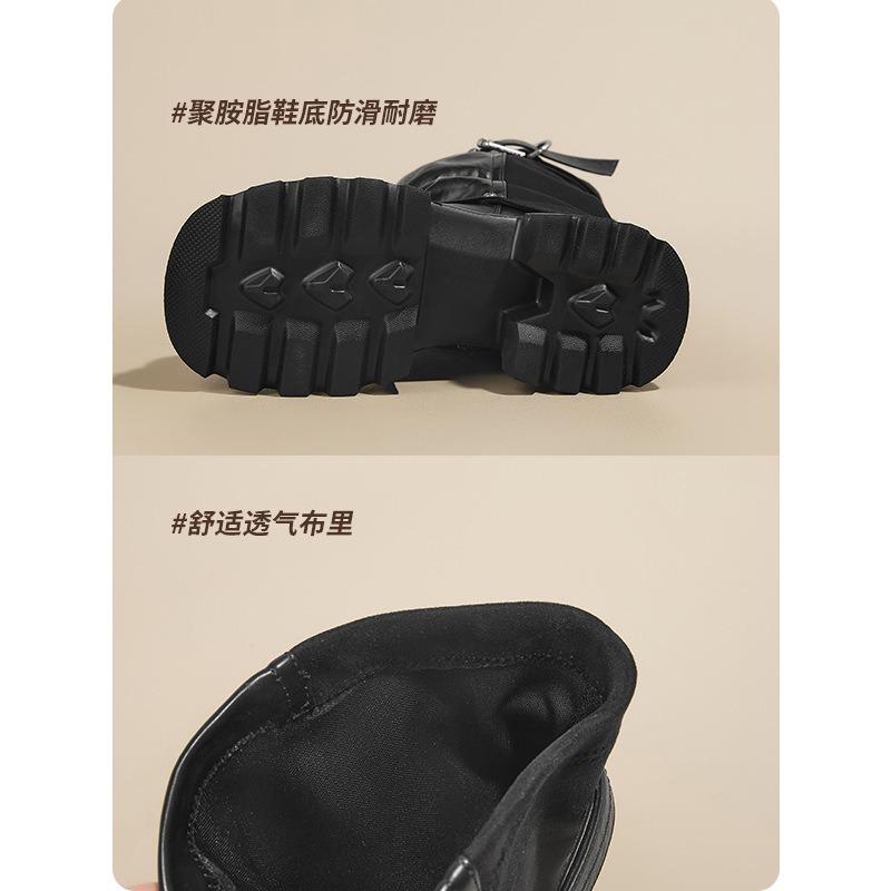 Plateausohlen Gürtelschnalle Westernstiefel Damen neue vielseitige Mopping-Stiefel plissierte Plüschstiefel mittellange und lange Schaft Hosenstiefel