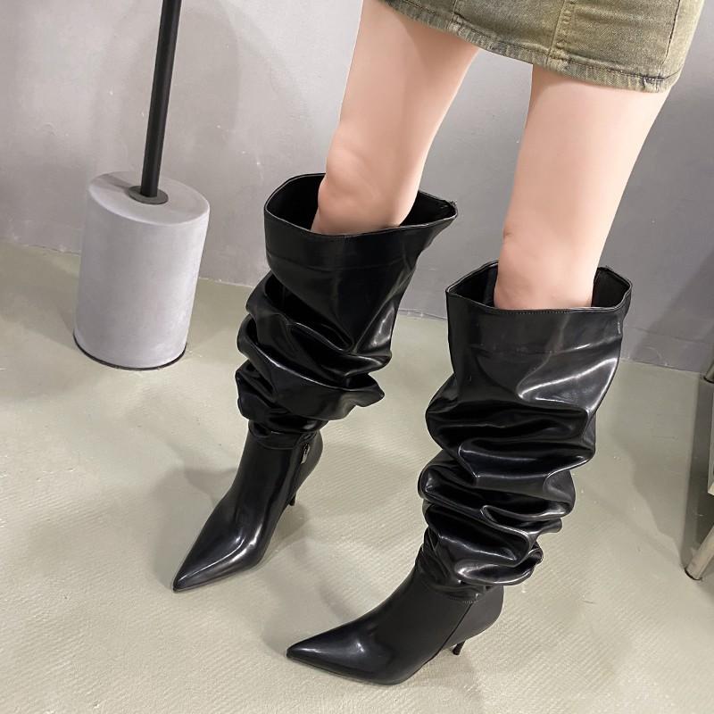 

Очень большой обхват трубы длинные сапоги Spice Girl женские 2024 новые остроконечные плиссированные сапоги с набивным рисунком тонкий каблук высокий каблук сапоги среднего размера 35 чёрный