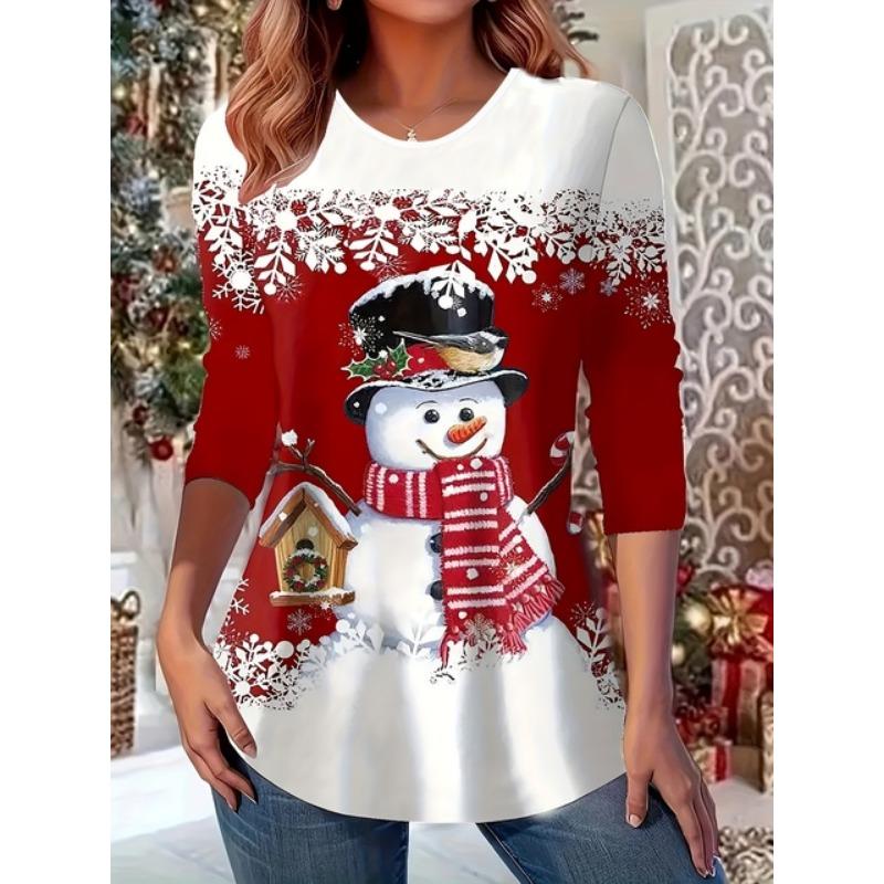 

3D-печать Рождественский снеговик Круглый вырез футболки с длинным рукавом Модная женская одежда Повседневная одежда Y2K Женская одежда Харадзюку 6XL