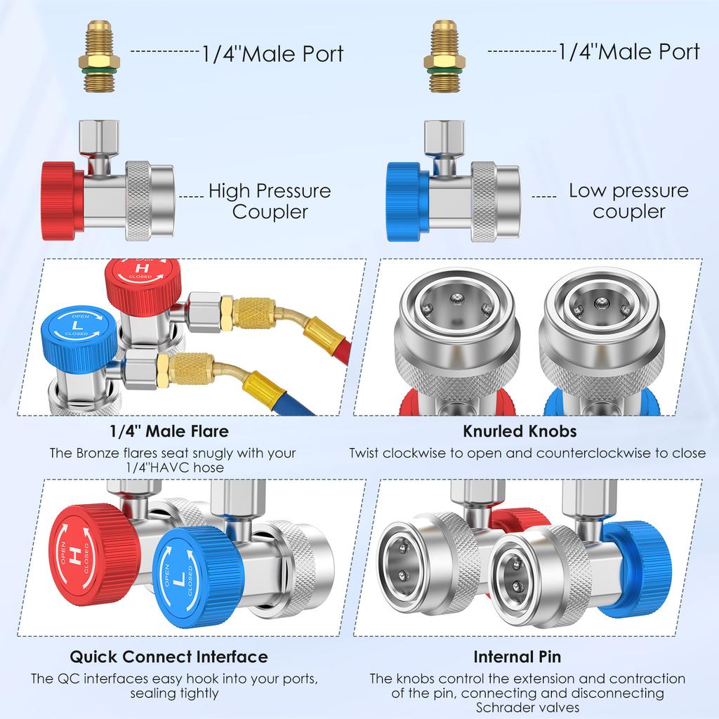 R134a Quick Coupler Adapter Kit 1/4 Inch Male Flare High Low Pressure 6 Ball Connector for Automotive HVAC Refrigerant Charging